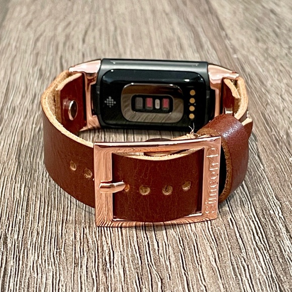Brown Grain Leather Strap Fitbit Charge 5 Band Rose Gold Jewelry Women Bracelet - Picture 8 of 8